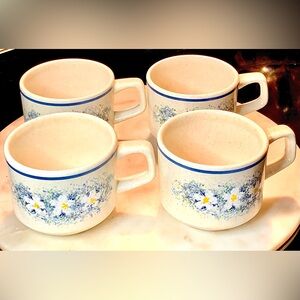LENOX TEMPER-WARE DEWDROPS COFFE CUPS SET OF 4 VINTAGE WHITE  FLOWERS BLUE BAND